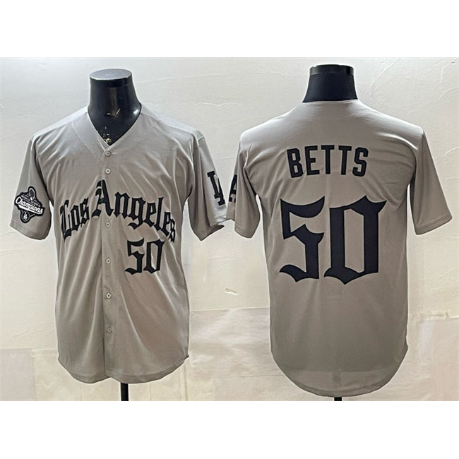 seanshop Los Angeles Dodgers #50 Mookie Betts Grey  LA Gothic Style With 2025 World Series Champions Patch Limited Stitched Jersey