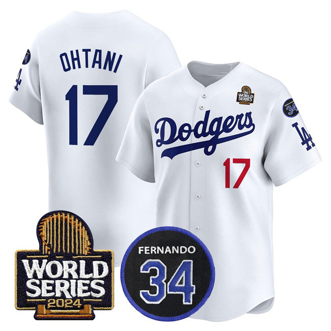 seanshop Los Angeles Dodgers #17 Shohei Ohtani White  2024 World Series With Fernando Memorial Patch Limited Stitched Jersey 2