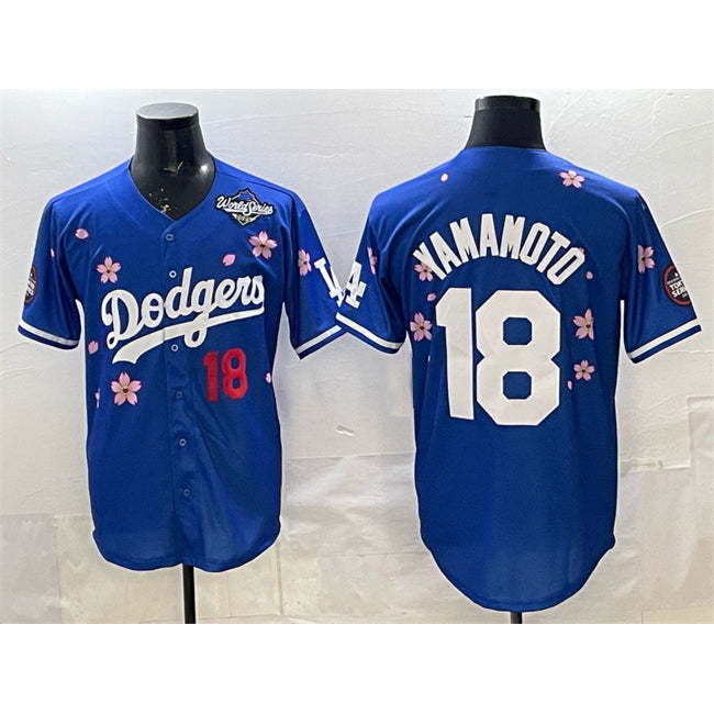 seanshop Los Angeles Dodgers #18 Yoshinobu Yamamoto Royal  2025 World Series Patch Tokyo Series Limited Stitched Jersey