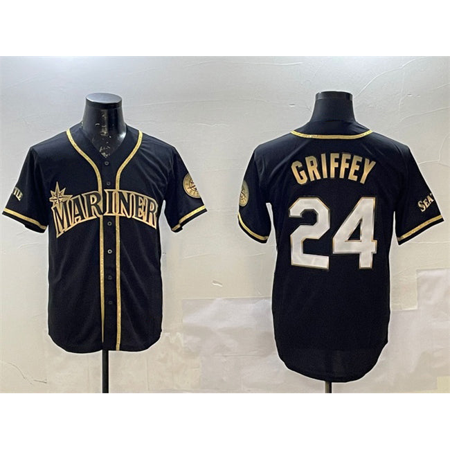 seanshop  Seattle Mariners #24 Ken Griffey Jr. Black Gold  Cool Base Stitched Jersey