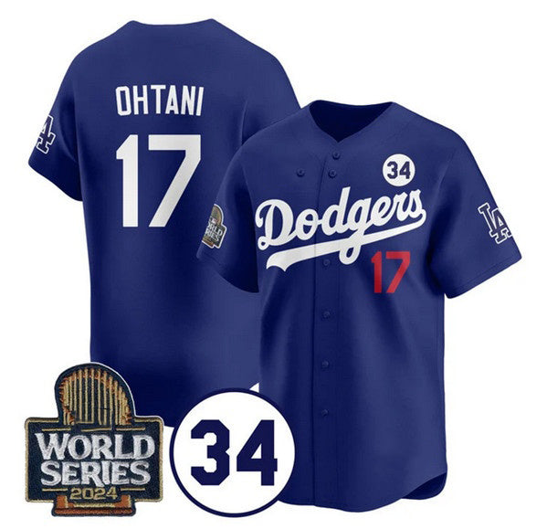 seanshop Los Angeles Dodgers #17 Shohei Ohtani Royal  2024 World Series With No. 34 Patch Cool Base Stitched Jersey