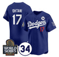 seanshop Los Angeles Dodgers #17 Shohei Ohtani Royal  2024 World Series With No. 34 Patch Cool Base Stitched Jersey