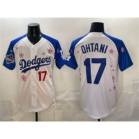 seanshop Los Angeles Dodgers #17 Shohei Ohtani White Royal  2025 World Series Champions Patch Tokyo Series Limited Stitched Jersey