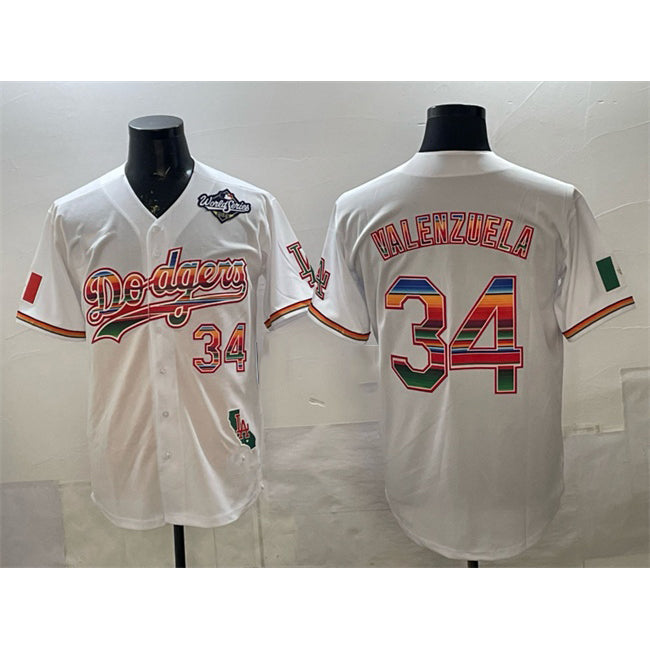 seanshop Los Angeles Dodgers #34 Fernando Valenzuela White  Mexico California Patch 2025 World Series Patch Stitched Jersey