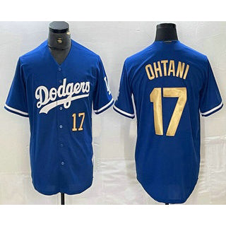 seanshop Los Angeles Dodgers #17 Shohei Ohtani Number Blue Gold  Stitched Cool Base Jersey 2