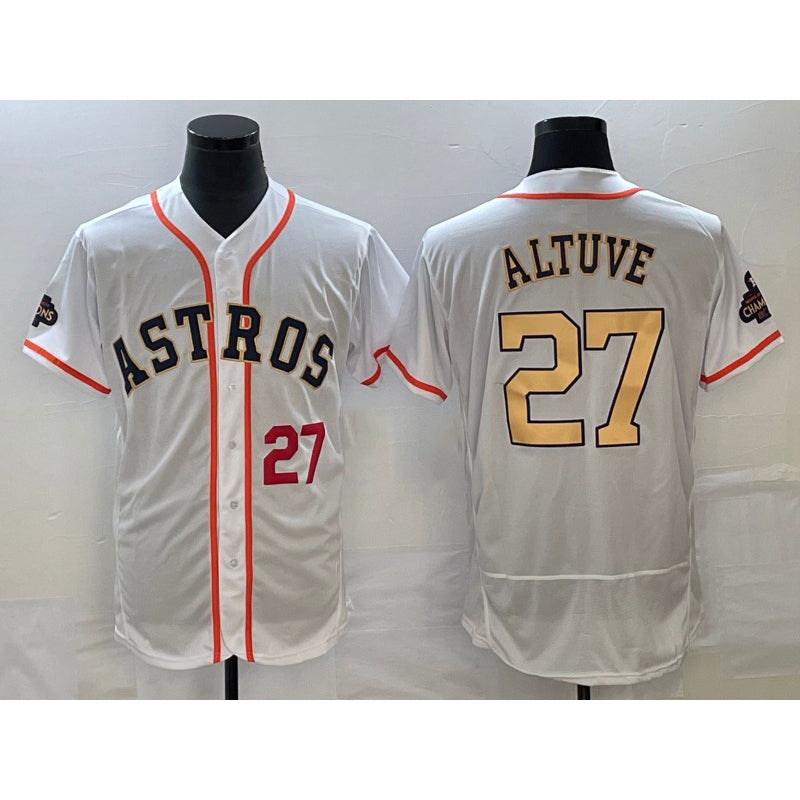 seanshop Houston Astros #27 Jose Altuve Number 2023 White  Gold World Serise Champions Patch Flex Base Stitched Jersey