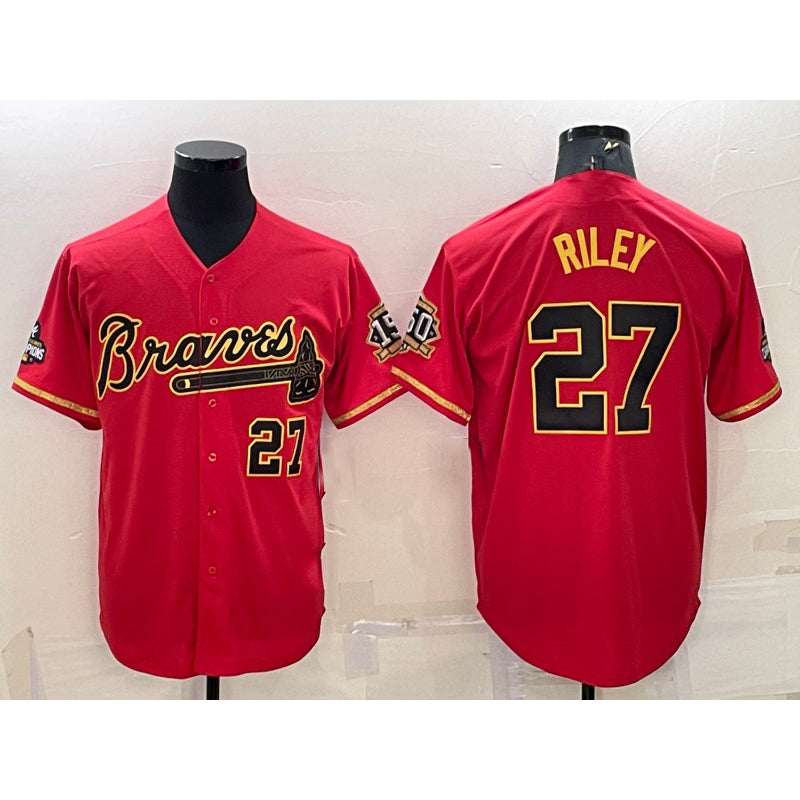 seanshop Atlanta Braves #27 Austin Riley Red Gold  World Series Champions Program Cool Base Stitched Jersey