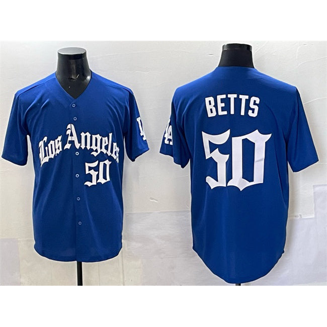 seanshop Los Angeles Dodgers #50 Mookie Betts Blue  2025 LA Gothic Style With Fernando Patch Vapor Premier Limited Stitched Jersey