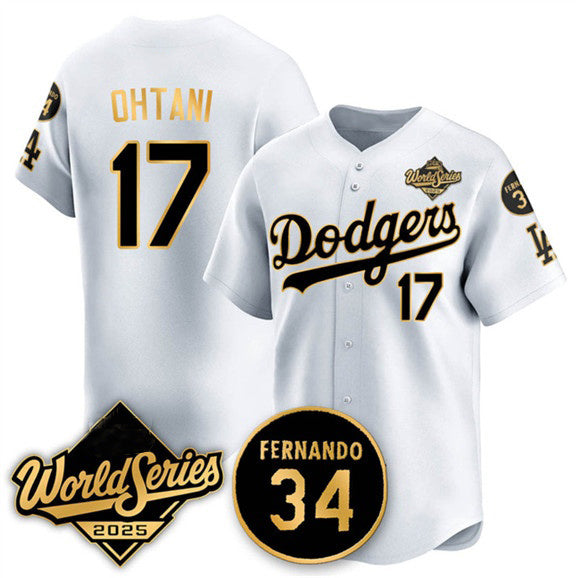 seanshop Los Angeles Dodgers #17 Shohei Ohtani White Gold  2025 World Series With No.34 Patch Limited Stitched Jersey