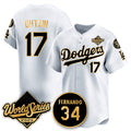 seanshop Los Angeles Dodgers #17 Shohei Ohtani White Gold  2025 World Series With No.34 Patch Limited Stitched Jersey