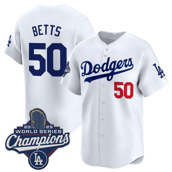 seanshop Los Angeles Dodgers #50 Mookie Betts White  2025 Champions Stitched Jersey