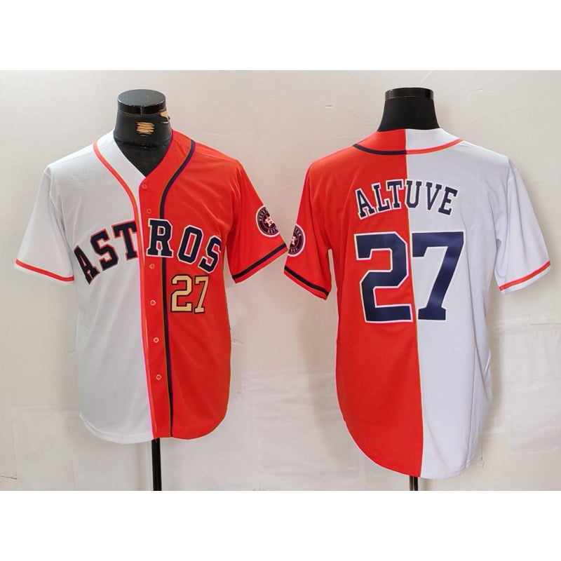 seanshop Houston Astros #27 Jose Altuve White Orange  Blue Number Split Stitched Jerseys