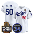 seanshop Los Angeles Dodgers #50 Mookie Betts White  2024 World Series With Fernando Memorial Patch Limited Stitched Jersey