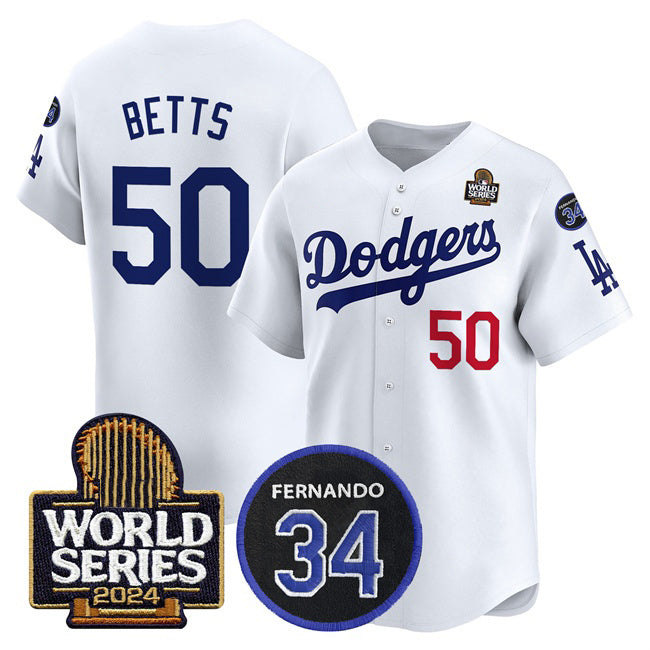 seanshop Los Angeles Dodgers #50 Mookie Betts White  2024 World Series With Fernando Memorial Patch Limited Stitched Jersey