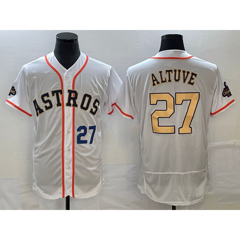 seanshop Houston Astros #27 Jose Altuve Number 2023 White  Gold World Serise Champions Patch Flex Base Stitched Jersey 2
