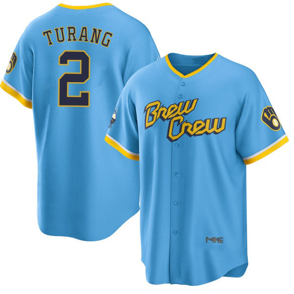 seanshop    Milwaukee Brewers #2 Brice Turang Blue  2022 City Connect Cool Base Stitched Jersey