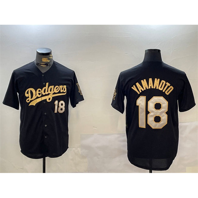 seanshop Los Angeles Dodgers #18 Yoshinobu Yamamoto Black Gold  Limited Stitched Jersey