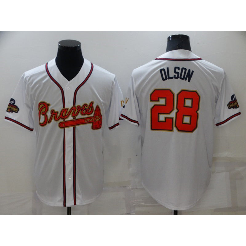 seanshop Atlanta Braves #28 Matt Olson 2022 White Gold  World Series Champions Program Cool Base Stitched Jersey