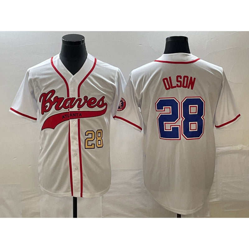 seanshop Atlanta Braves #28 Matt Olson Number White  Cool Base With Patch Stitched Jersey