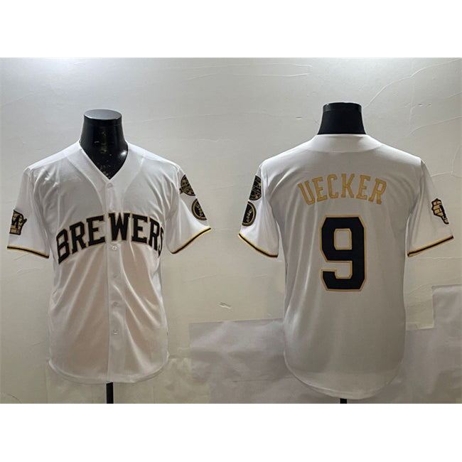 seanshop    Milwaukee Brewers #9 Bob Uecker White Gold  With Home Patch Limited Stitched Jersey