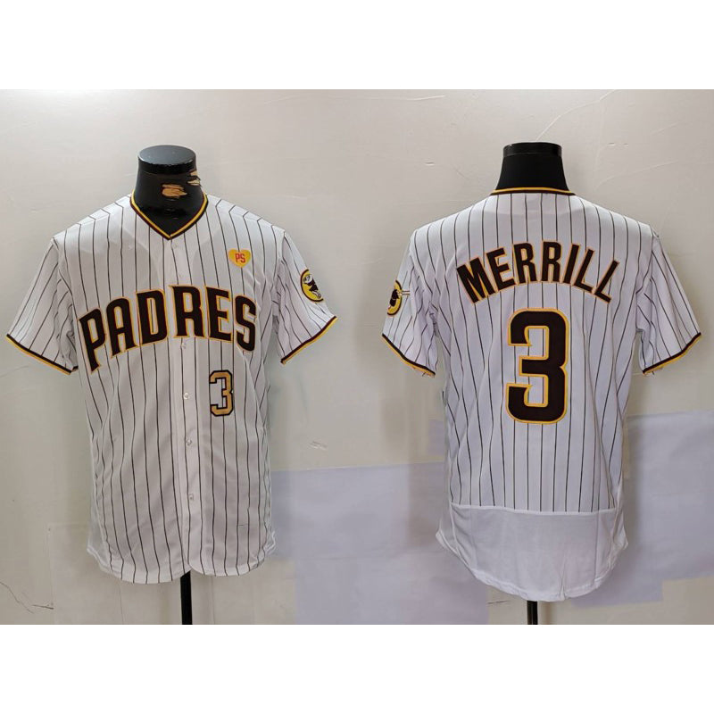 seanshop  San Diego Padres #3 Jackson Merrill White  With PS Patch Stitched Flex Base Jerseys