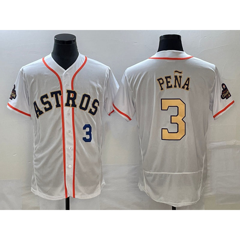 seanshop Houston Astros #3 Jeremy Pena Number 2023 White Gold  World Serise Champions Patch Flex Base Stitched Jersey 3