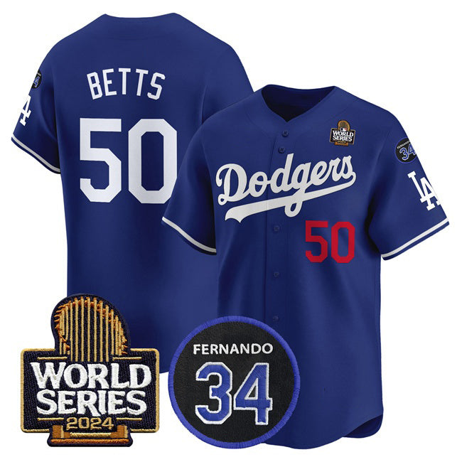 seanshop Los Angeles Dodgers #50 Mookie Betts Royal  2024 World Series With Fernando Memorial Patch Limited Stitched Jersey