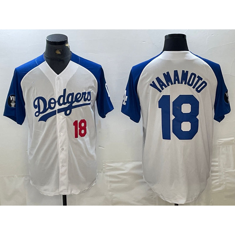 seanshop Los Angeles Dodgers #18 Yoshinobu Yamamoto Number White Blue  Fashion Stitched Cool Base Limited Jersey