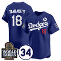 seanshop Los Angeles Dodgers #18 Yoshinobu Yamamoto Royal  2024 World Series With No. 34 Patch Cool Base Stitched Jersey