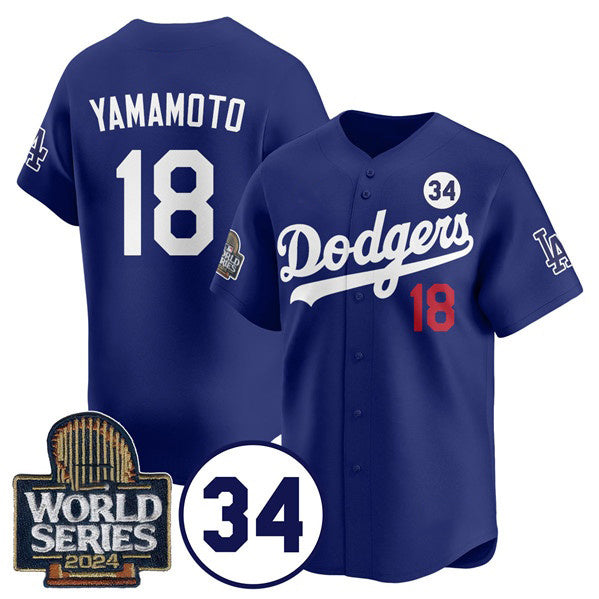 seanshop Los Angeles Dodgers #18 Yoshinobu Yamamoto Royal  2024 World Series With No. 34 Patch Cool Base Stitched Jersey