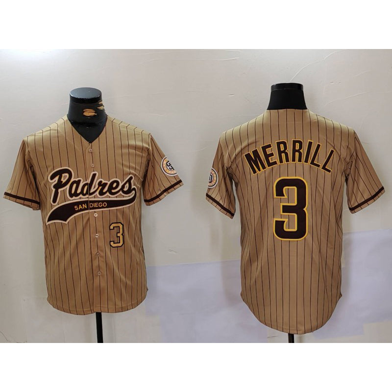 seanshop  San Diego Padres #3 Jackson Merrill Tan  2023 Cool Base Stitched Jerseys