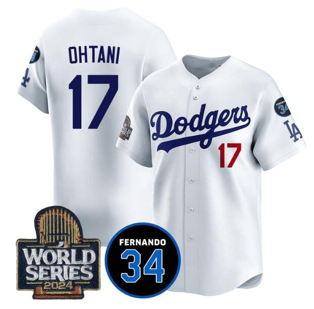 seanshop Los Angeles Dodgers #17 Shohei Ohtani White  2024 World Series With Fernando Memorial Patch Limited Stitched Jersey