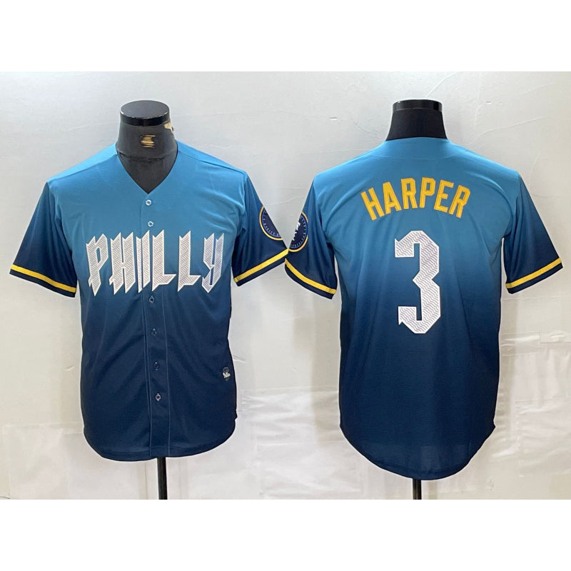 seanshop  Philadelphia Phillies #3 Bryce Harper Blue  2024 City Connect Limited Stitched Jersey
