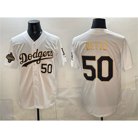 seanshop Los Angeles Dodgers #50 Mookie Betts White Gold  2025 World Series Champions Patch Limited Stitched Jersey