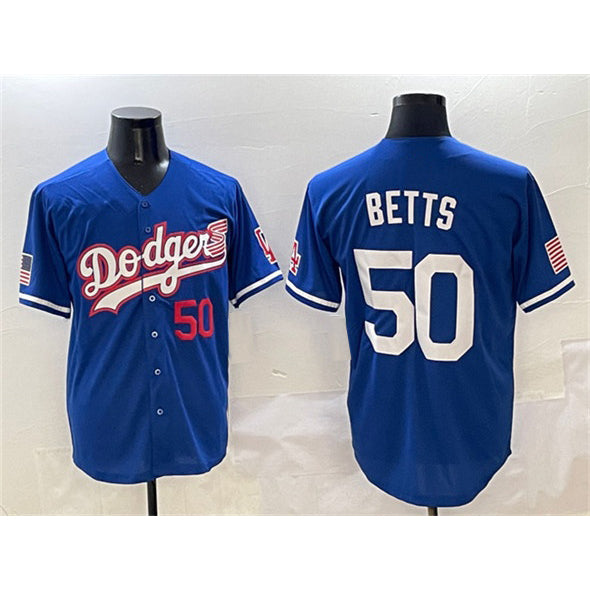 seanshop Los Angeles Dodgers #50 Mookie Betts Royal  With American Flag Patch Limited Stitched Jersey