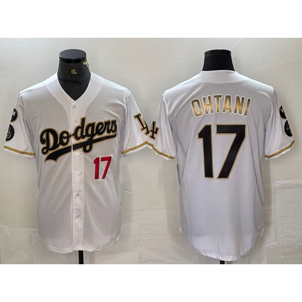 seanshop Los Angeles Dodgers #17 Shohei Ohtani Number White Gold  Fashion Stitched Cool Base Limited Jerseys