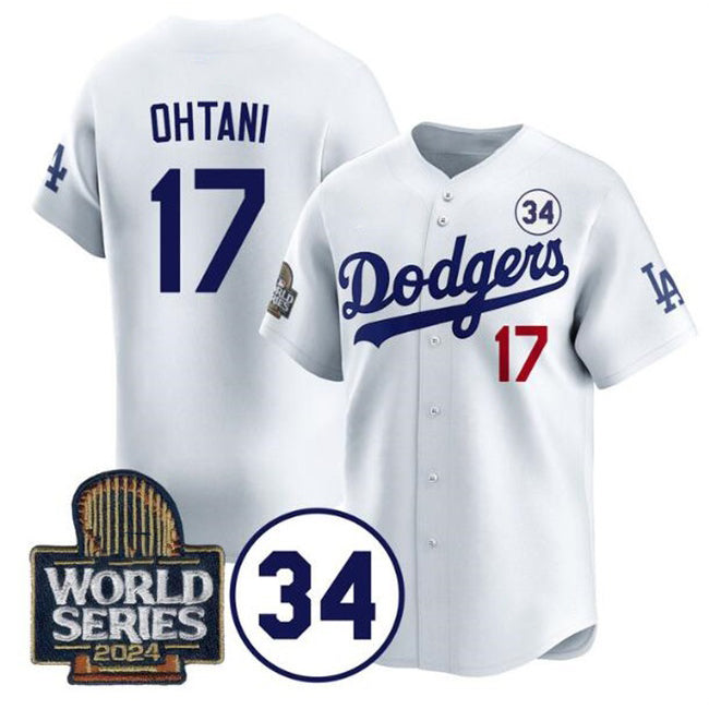 seanshop Los Angeles Dodgers #17 Shohei Ohtani White  2024 World Series With No. 34 Patch Limited Stitched Jersey