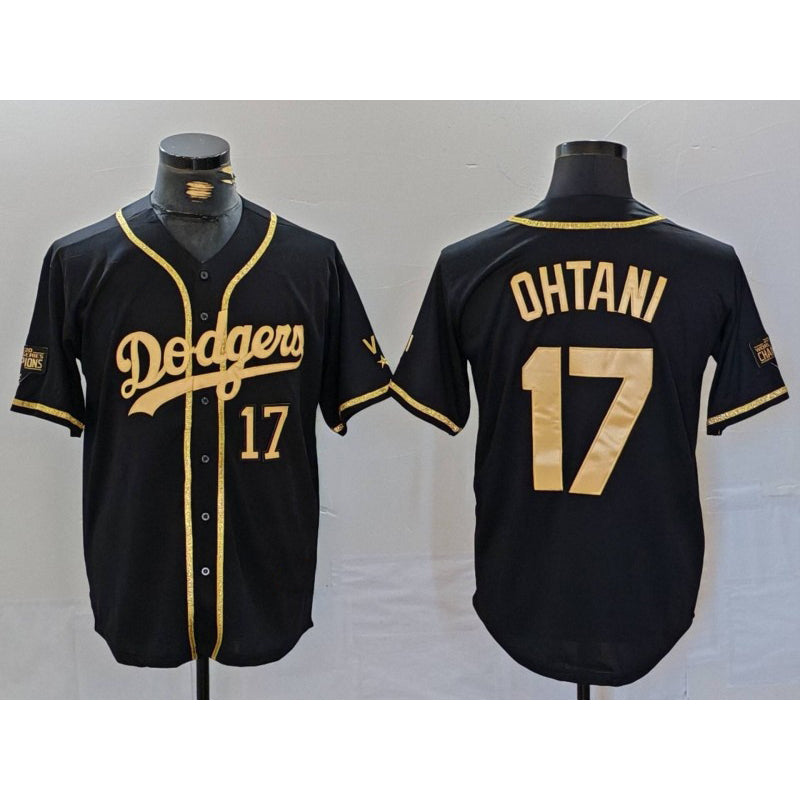 seanshop Los Angeles Dodgers #17 Shohei Ohtani Number Black Gold  World Series Champions Cool Base Stitched Jersey
