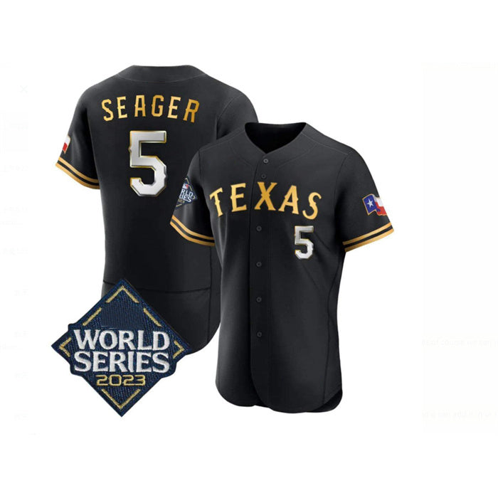 seanshop  Texas Rangers #5 Corey Seager Black Gold  2023 World Series Flex Base Stitched Jersey