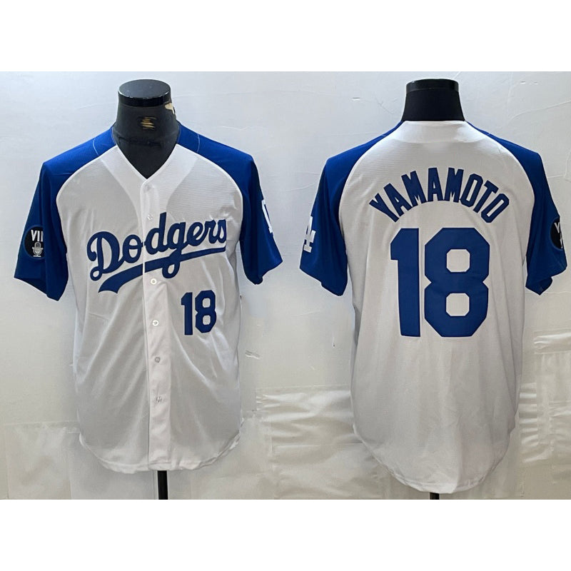 seanshop Los Angeles Dodgers #18 Yoshinobu Yamamoto Number White Blue  Fashion Stitched Cool Base Limited Jersey 2