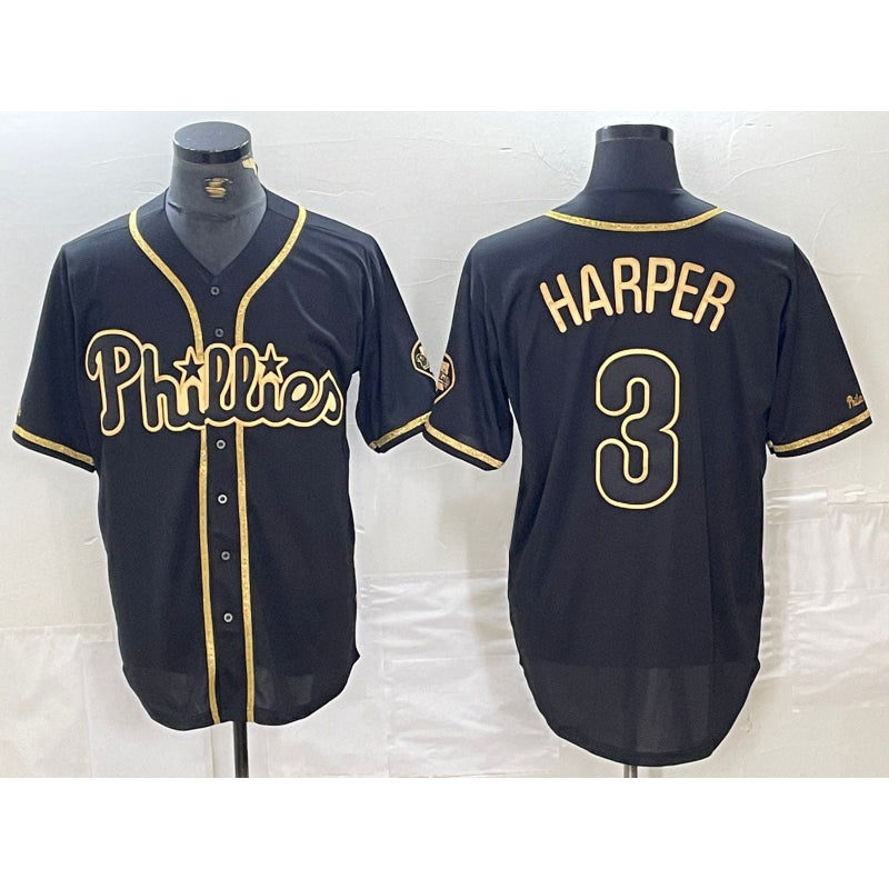 seanshop  Philadelphia Phillies #3 Bryce Harper Black Gold  Cool Base Stitched Jersey