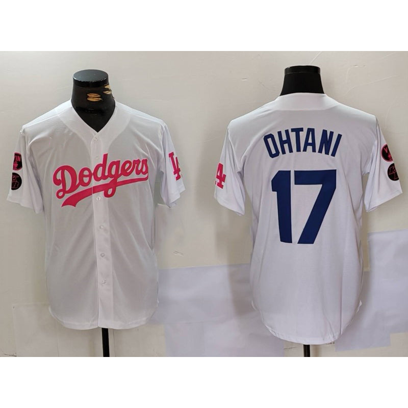 seanshop Los Angeles Dodgers #17 Shohei Ohtani White Pink  Vin & Kobe Patch Stitched Jersey 2