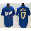 seanshop Los Angeles Dodgers #17 Shohei Ohtani Number Blue Gold  Stitched Cool Base Jerseys