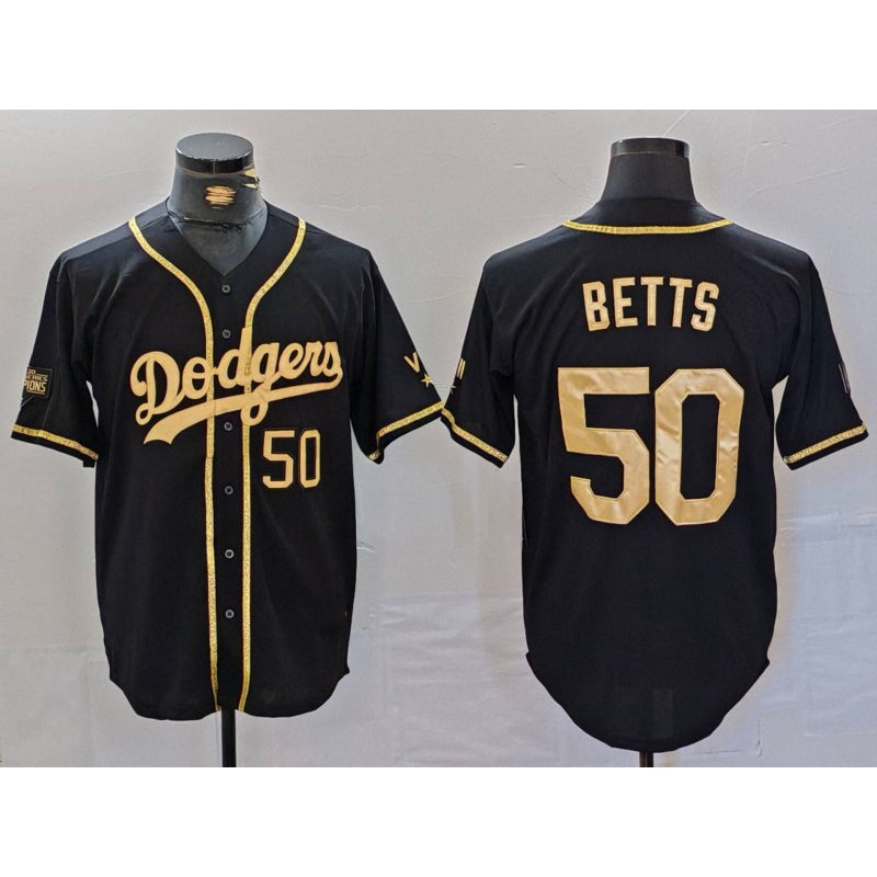 seanshop Los Angeles Dodgers #50 Mookie Betts Number Black Gold  World Series Champions Cool Base Stitched Jersey