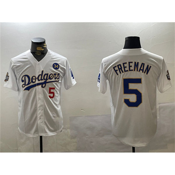 seanshop Los Angeles Dodgers #5 Freddie Freeman White Gold  2024 World Series With No. 34 Patch Home Limited Stitched Jersey