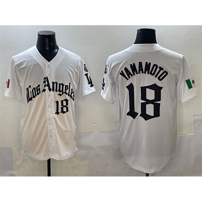 seanshop Los Angeles Dodgers #18 Yoshinobu Yamamoto White  Mexico 2025 LA Gothic Style With Fernando Patch Vapor Premier Limited Stitched Jersey