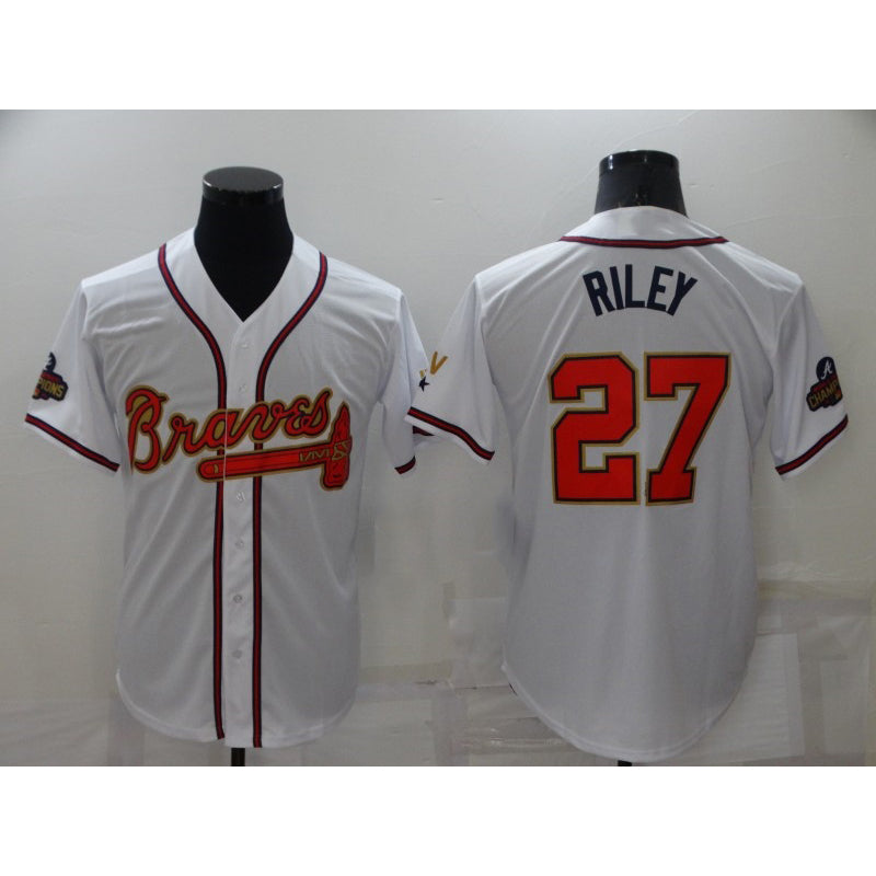 seanshop Atlanta Braves #27 Austin Riley 2022 White Gold  World Series Champions Program Cool Base Stitched Jersey