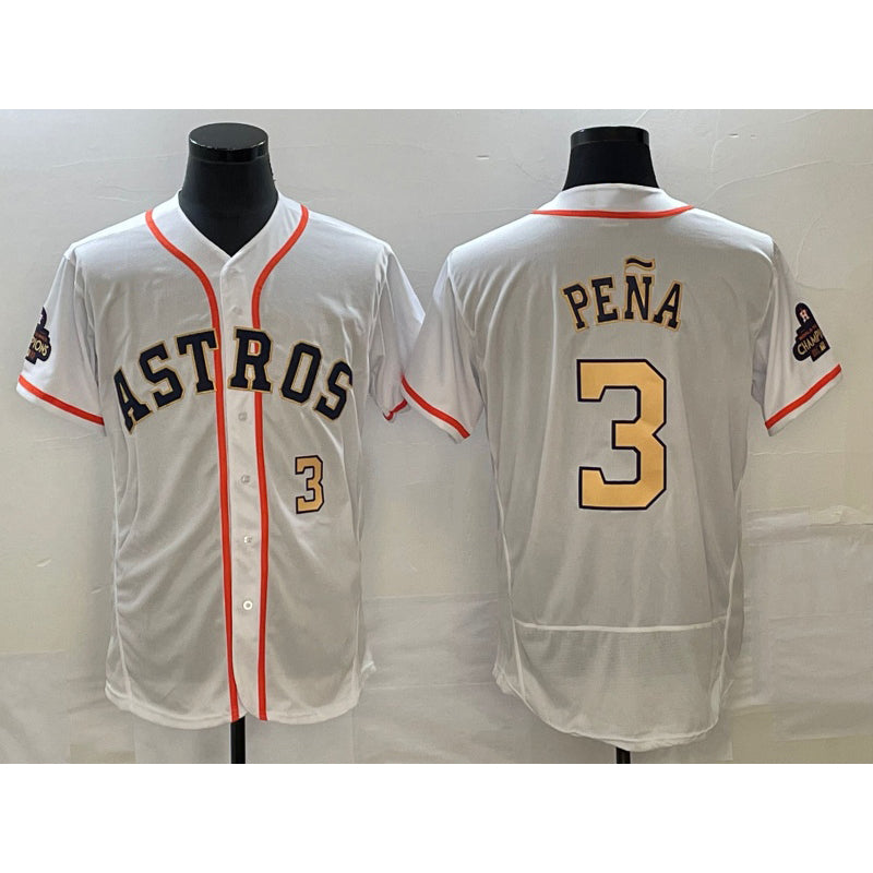 seanshop Houston Astros #3 Jeremy Pena Number 2023 White Gold  World Serise Champions Patch Flex Base Stitched Jersey 2