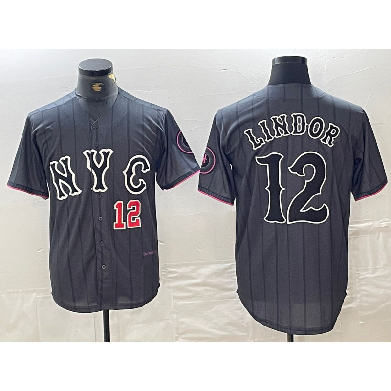 seanshop  New York Mets #12 Francisco Lindor Number Grey  2024 City Connect Cool Base Stitched Jerseys