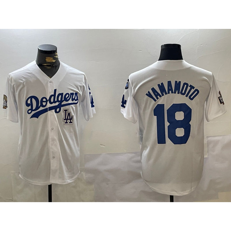 seanshop Los Angeles Dodgers #18 Yoshinobu Yamamoto White  2024 World Series With Fernando Memorial Patch Home Limited Stitched Jersey